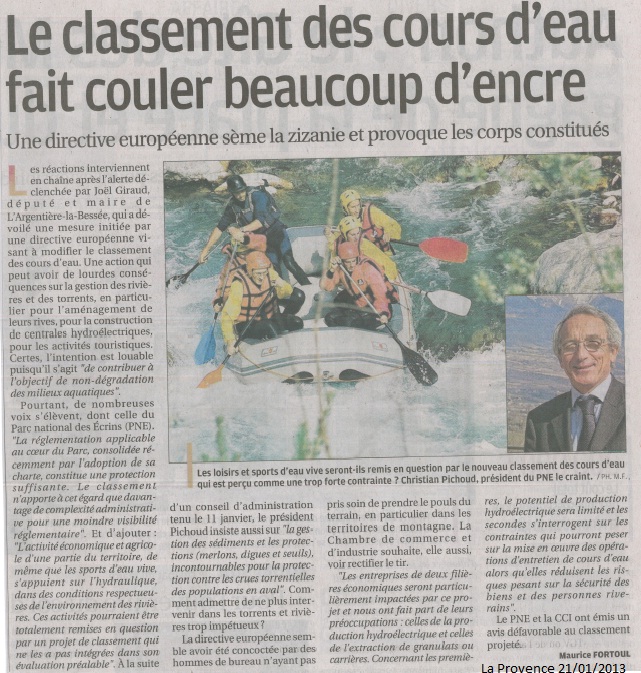 Article classement des cours d'eau La Provence 210113