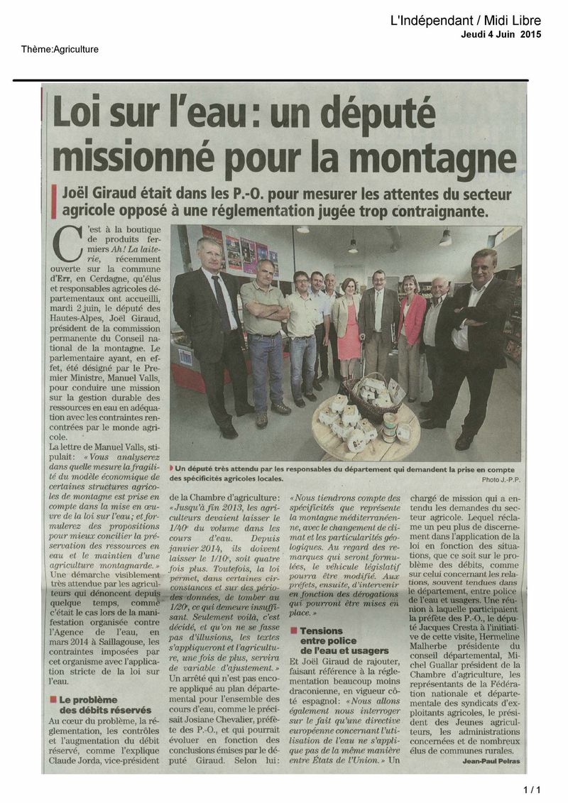 Independant midi libre 040615 mission irrigation JGIRAUD Independant midi libre 040615 mission irrigation JGIRAUD