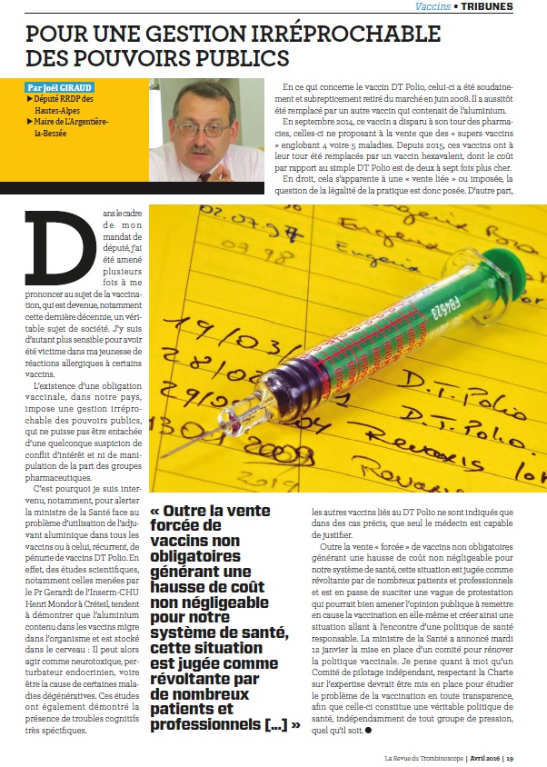 TROMBINOSCOPE article JGIRAUD vaccination avril 2016