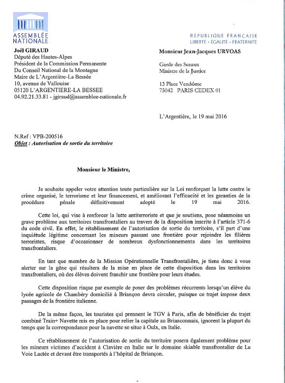 Courrier Autorisation de sortie du territoire 1 200516