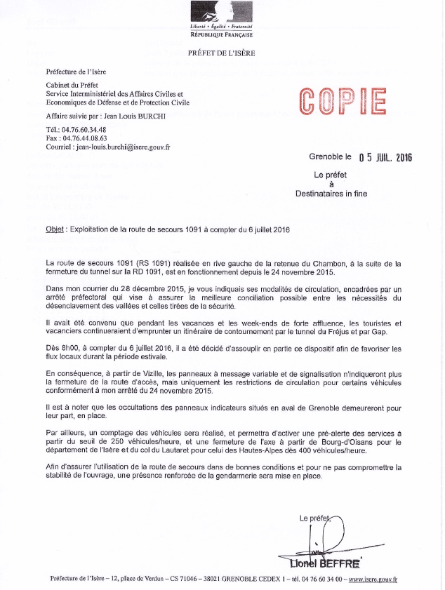 Courrier pref 38 exploitation de la route de secours 1091 à compter du 060716