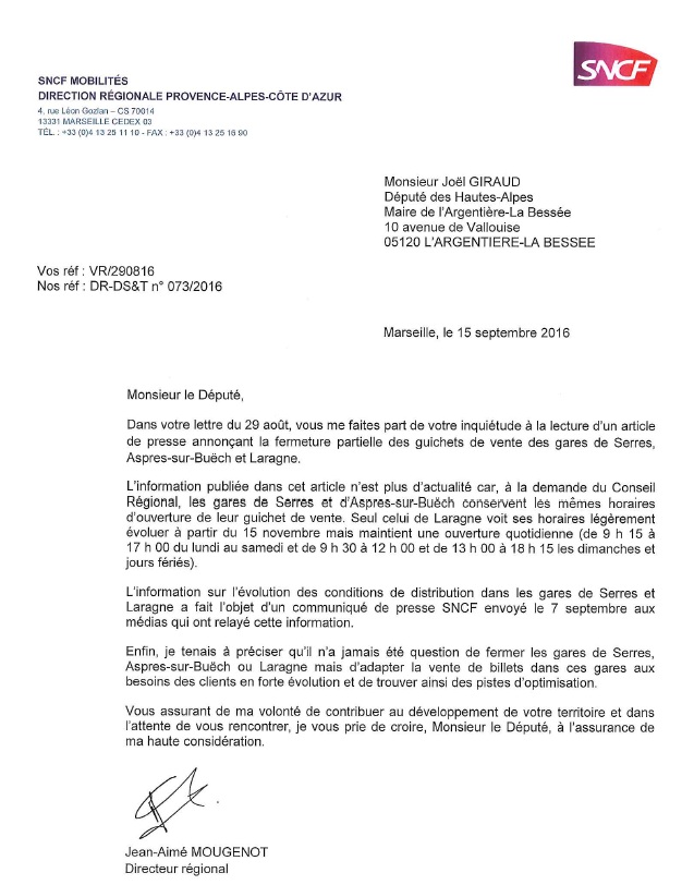 Réponse SNCF fermeture gares Serres Laragne Aspres sur Buech 150916