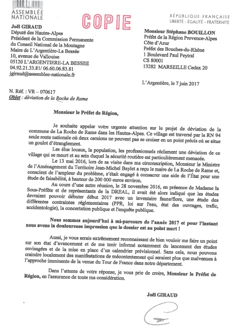 Déviation de la RDR lettre de Joël Giraud